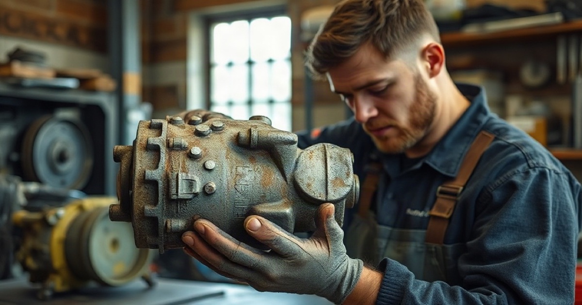 Mechanik ogląda numer wybity na korpusie części koparki